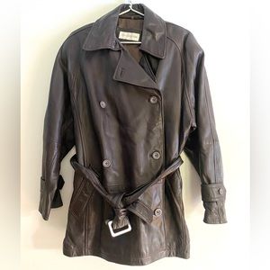 ON HOLD Vintage Jones New York brown leather belted double-breasted coat